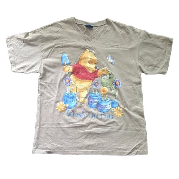 VTG Disney Winnie The Pooh Flowers T-Shirt Adult Sz L Tan - Picture 1 of 7